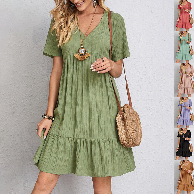 Robe à manches courtes et col en V, mode estivale, décontractée, ample, à volants, vêtements de plage pour femmes - LUXARAH