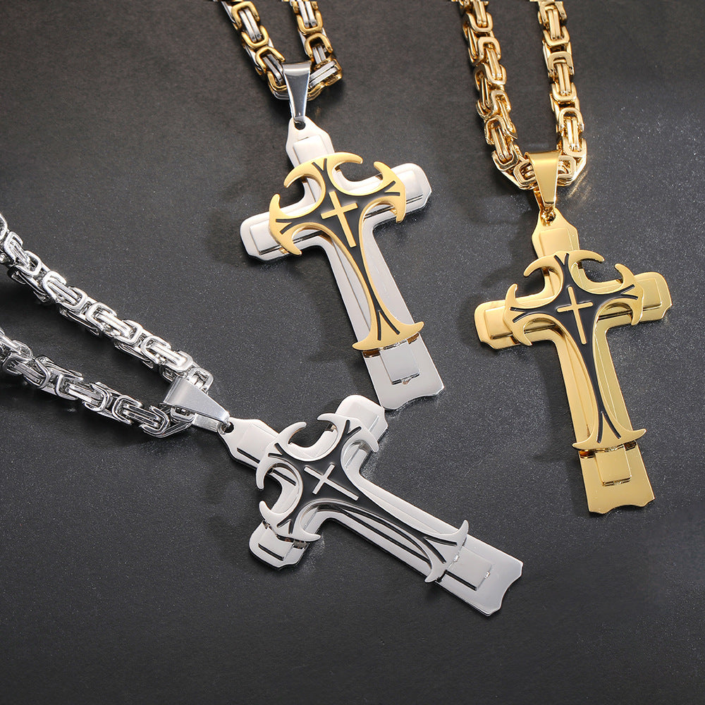 Collar con colgante de cruz latina y cruz cristiana para hombre, joyería de moda de acero inoxidable, tres capas, ideal como regalo.