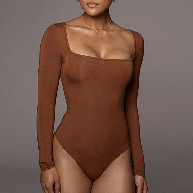 Body sexy à col carré et manches longues pour femme, haut doublé
