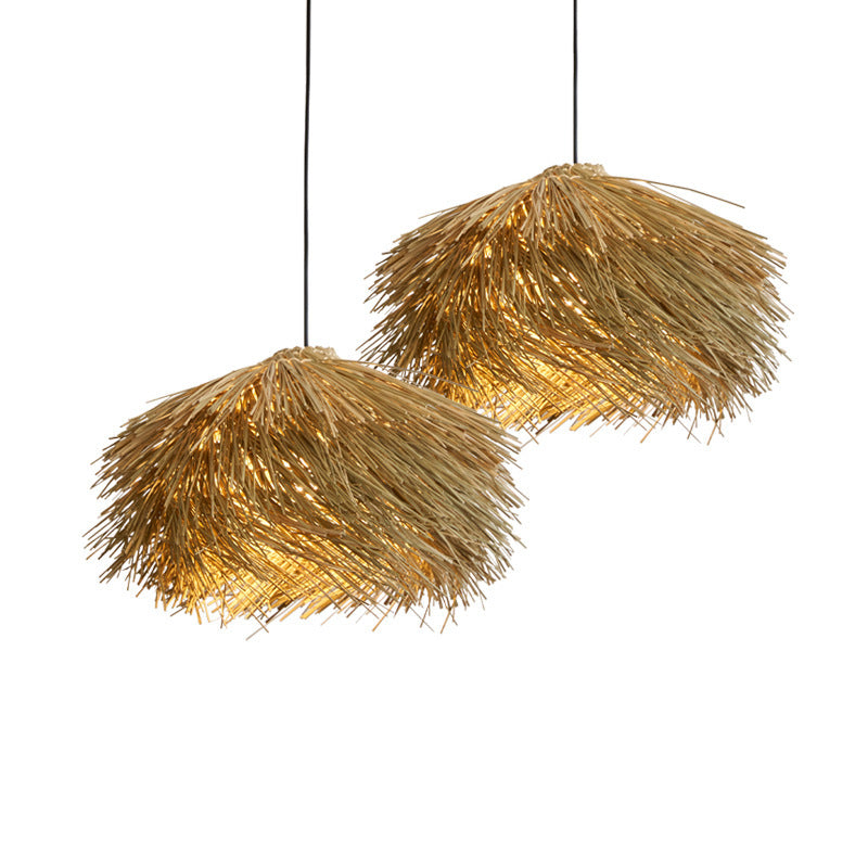 Suspension japonaise en forme de chapeau de paille, tressé en rotin de style Wabi Sabi