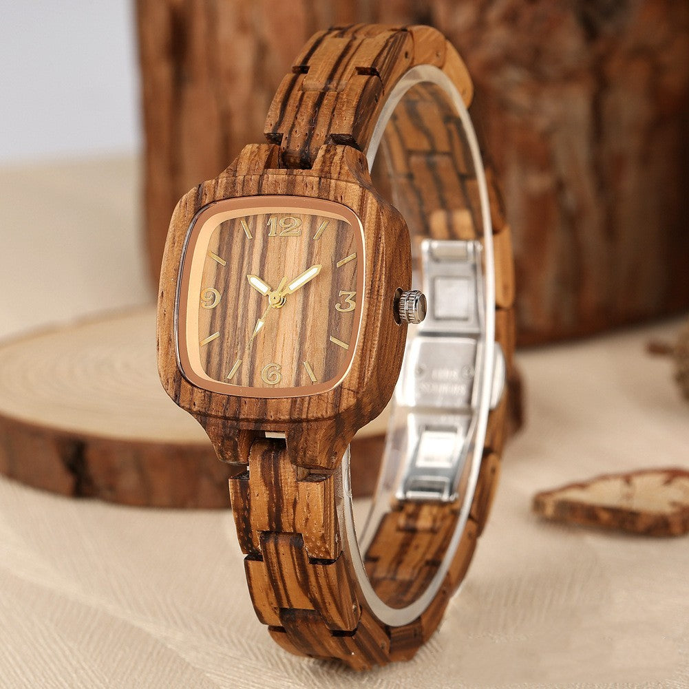 Montre numérique carrée en bois de bambou et or