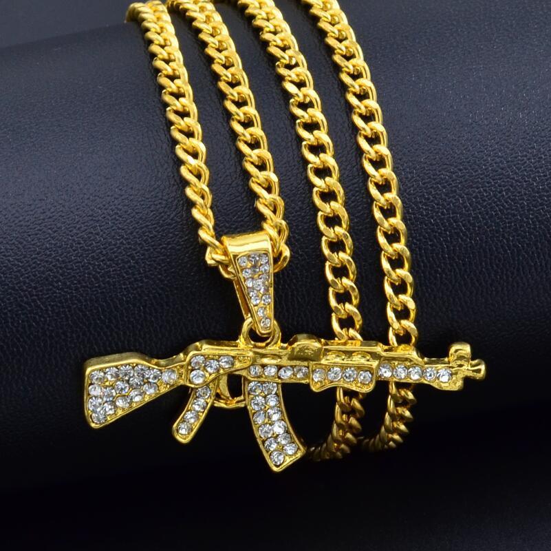 Gothic Gun Pendant Necklace with Rhinestones, Military Style, for Men