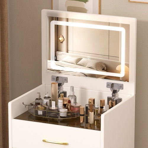 Coiffeuse 3 en 1 avec miroir ouvert, petite coiffeuse avec plateau en verre visible, coiffeuse compacte à 3 tiroirs, coiffeuse pour chambre - LUXARAH