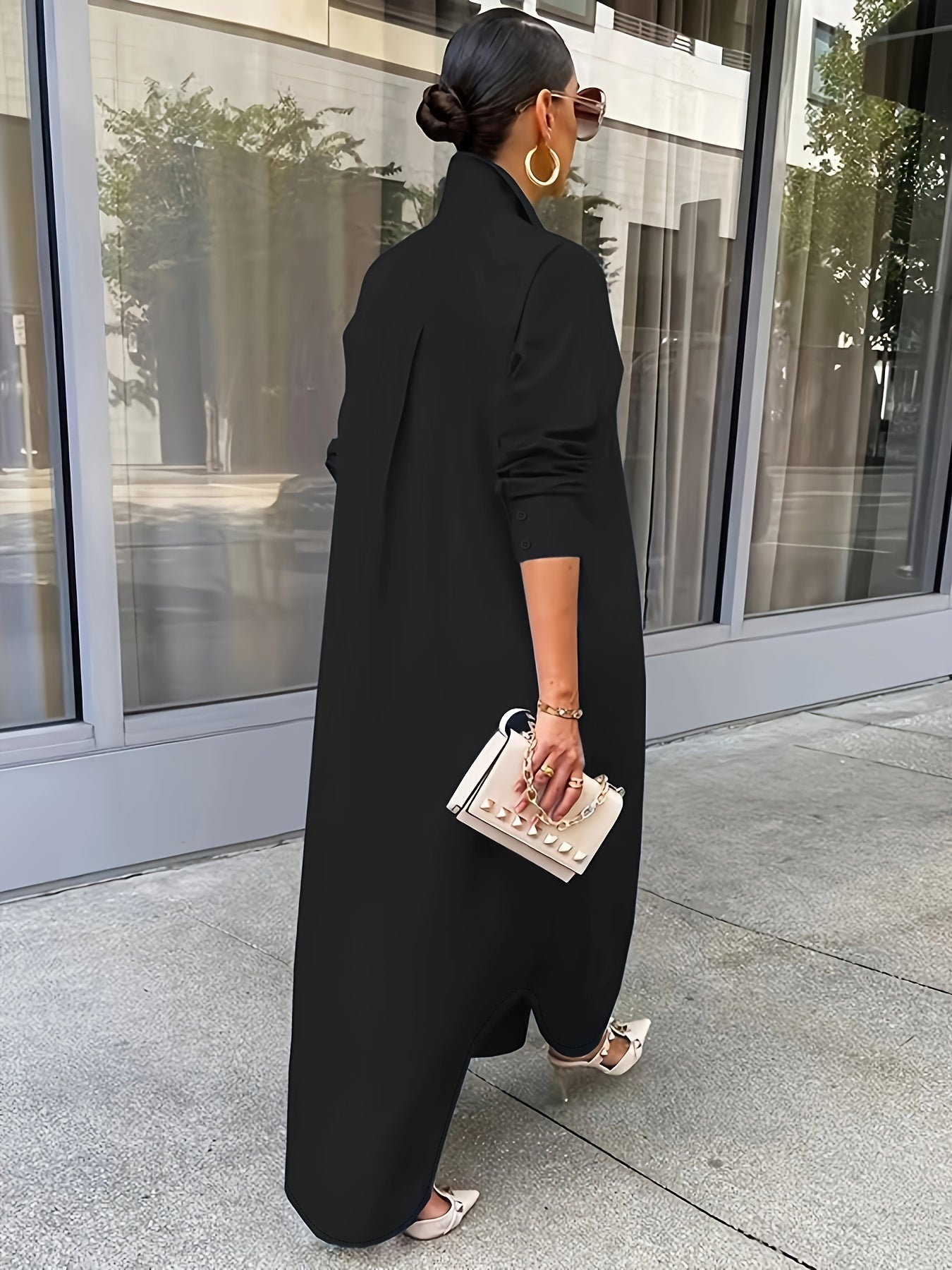 Chemise longue à boutons unis pour femme, vêtement d'extérieur décontracté à manches longues pour le quotidien, vêtements pour femmes toutes saisons, haut - LUXARAH