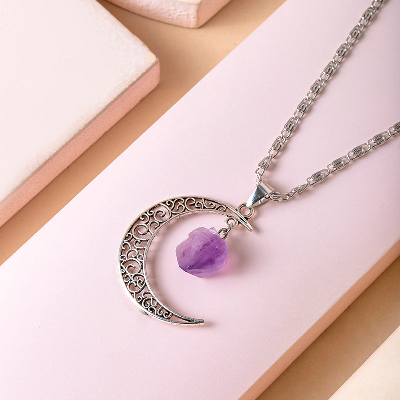 Vintage Purple Natural Stone Moon Pendant Necklaces for Women