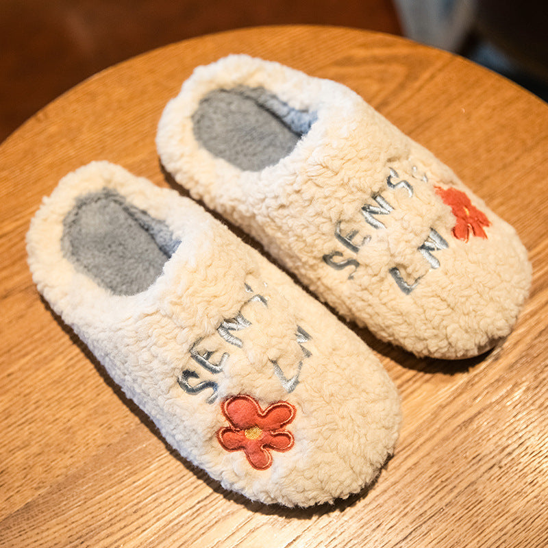 Chaussons d'hiver en polaire à fleurs pour femmes, chaussures chaudes et antidérapantes pour la chambre à coucher