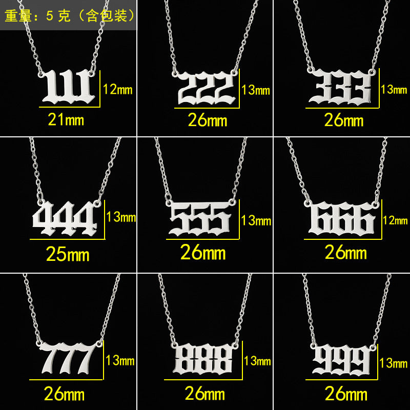 Collier pendentif numérique porte-bonheur pour femme, style ange, tendance, en acier inoxydable 000-999, style vintage