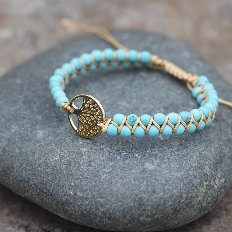 Bracelet tressé double couche turquoise tendance, style bohème ethnique, motif arbre de vie, ajustable, pour femme - LUXARAH
