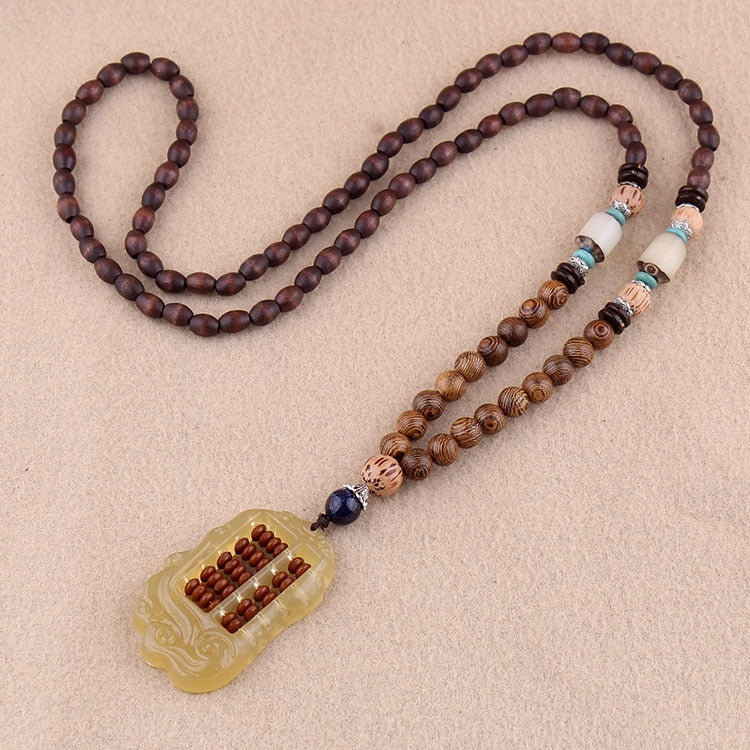 Colliers pour hommes et femmes, chaîne de pull rétro en perles de bois, pendentif Bodhi long - LUXARAH