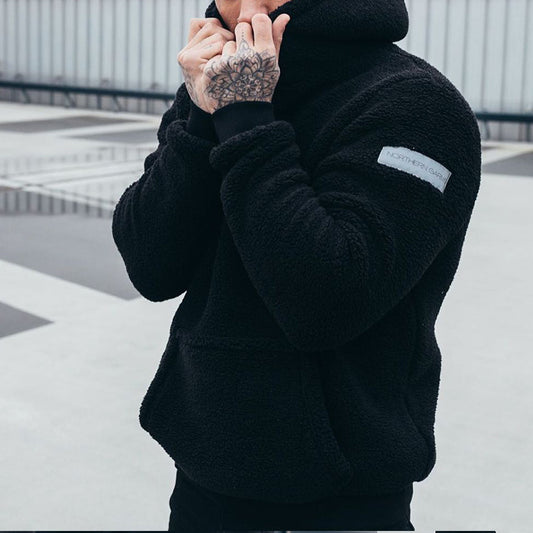 Sweat à capuche en peluche pour homme avec grande poche, tendance, manches longues, haut à capuche, vêtements solides