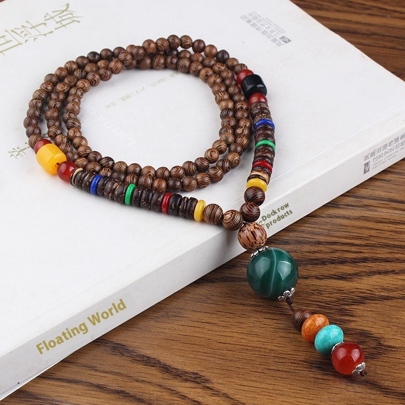 Colliers pour hommes et femmes, chaîne de pull rétro en perles de bois, pendentif Bodhi long - LUXARAH