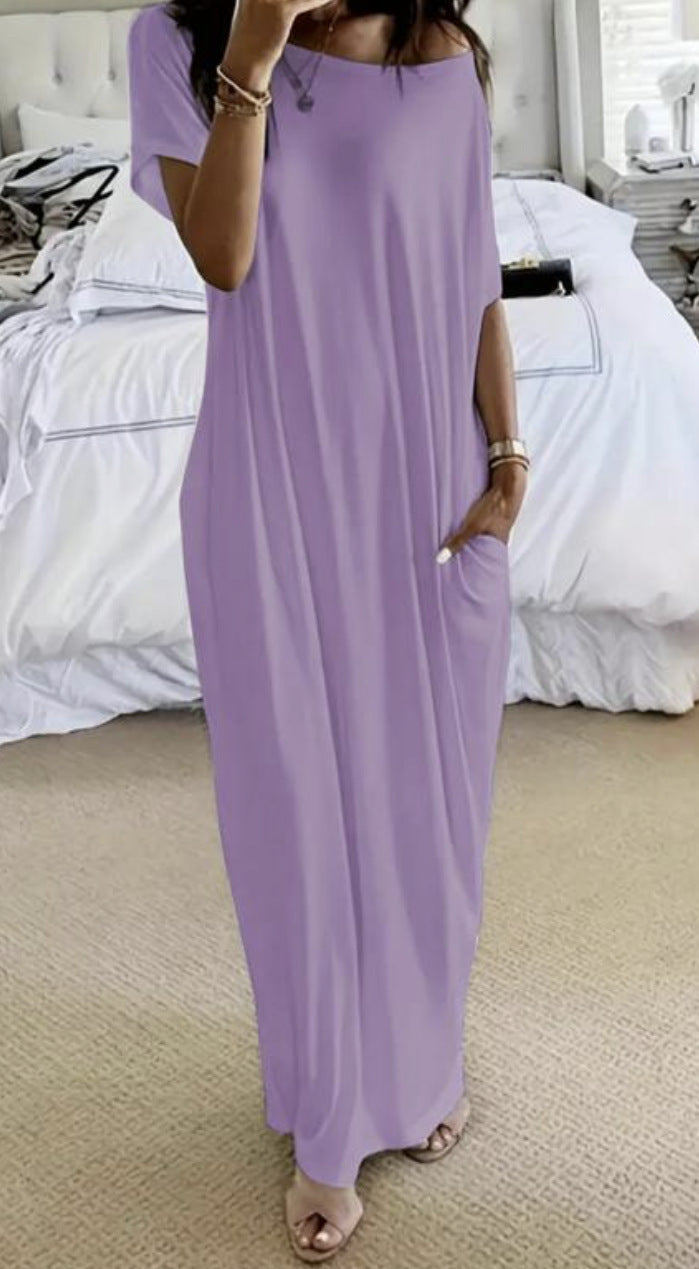 Robe décontractée à manches courtes et à motifs longs pour femme, couleur unie - LUXARAH