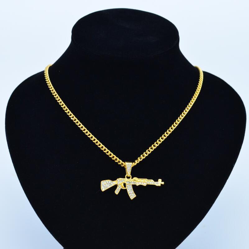 Gothic Gun Pendant Necklace with Rhinestones, Military Style, for Men