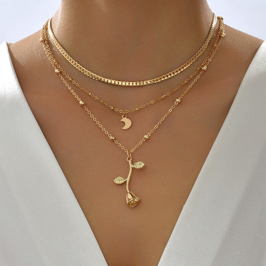 Colliers bohèmes multicouches avec pendentif lune doré pour femmes, collier ras du cou en forme de rose, bijoux tendance, cadeau de fête, Saint-Valentin