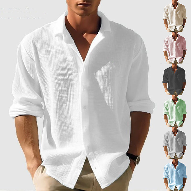 Chemise à manches longues et revers pour homme, tendance, unie, simple boutonnage, vêtements d'automne et de printemps