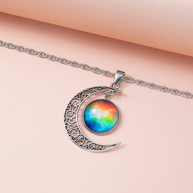Silver Hollow Moon Galaxy Glass Pendant Necklace for Women