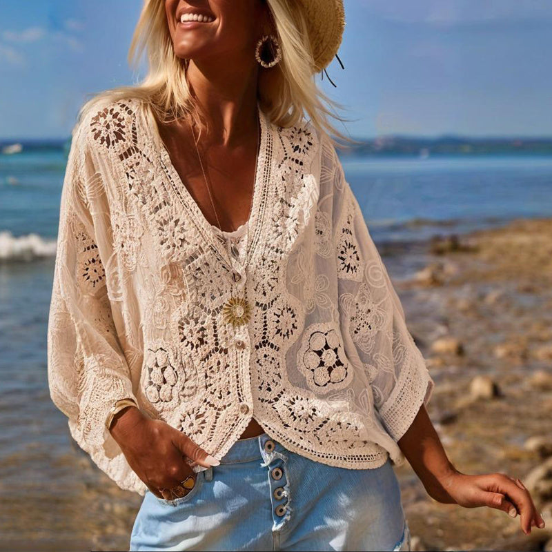 Cardigan boutonné en dentelle à col en V pour femme, semi-transparent, motif géométrique, manches mi-longues, léger, plage, mode printemps-été - LUXARAH