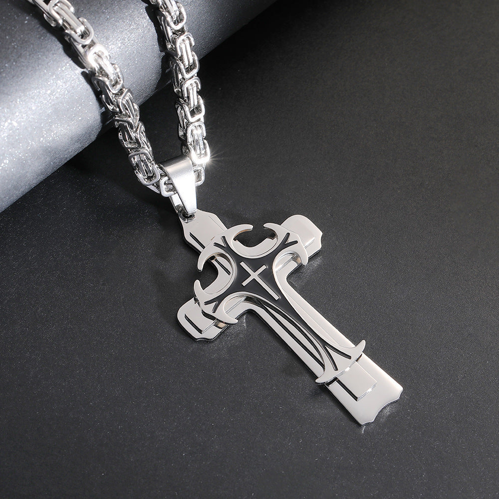 Collar con colgante de cruz latina y cruz cristiana para hombre, joyería de moda de acero inoxidable, tres capas, ideal como regalo.