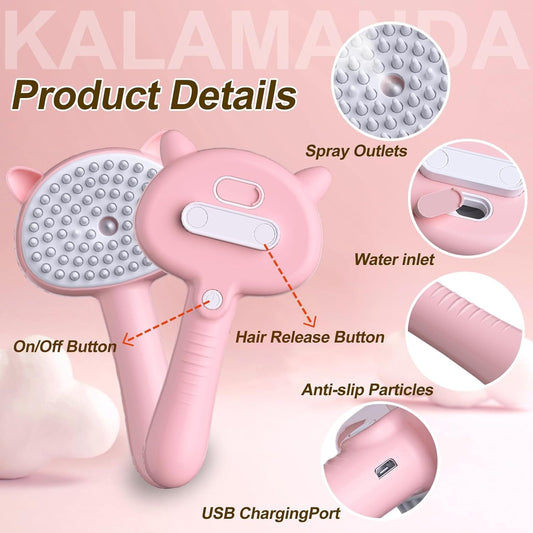 Brosse à vapeur pour chat 4 en 1 avec poignée, brosse brumisateur en caoutchouc pour animaux de compagnie avec bouton de déverrouillage, peigne pour chien avec nettoyant pour chatons d'intérieur et petits animaux - LUXARAH