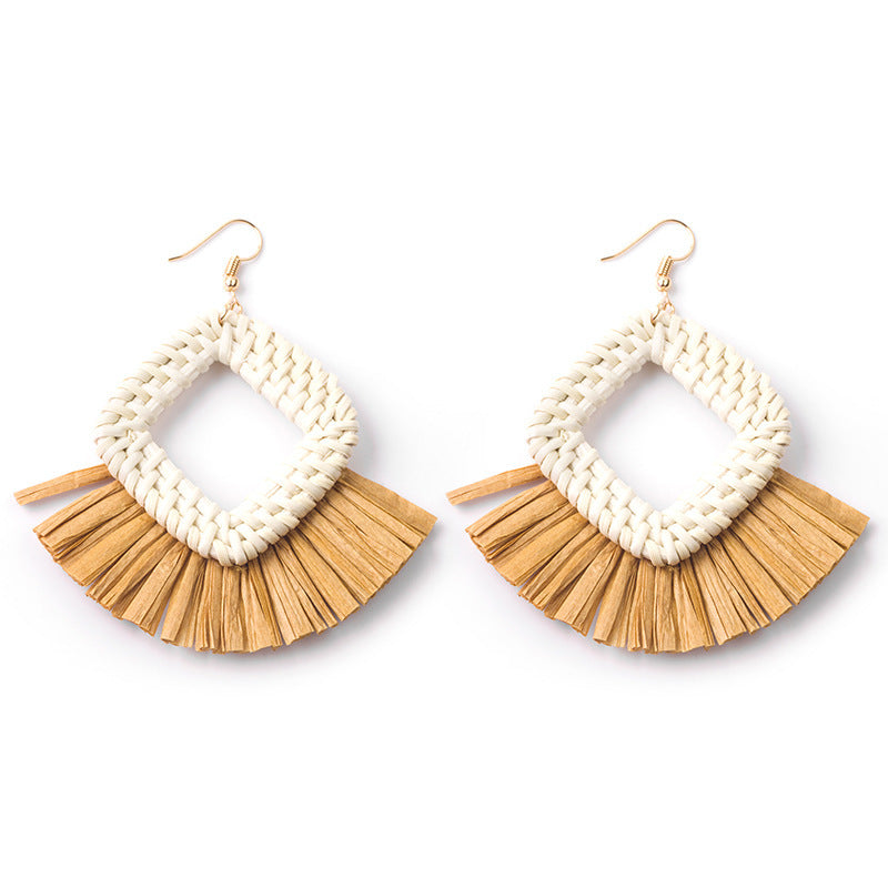 Boucles d'oreilles géométriques en raphia et rotin tissées à la main, style vintage pour femmes - LUXARAH