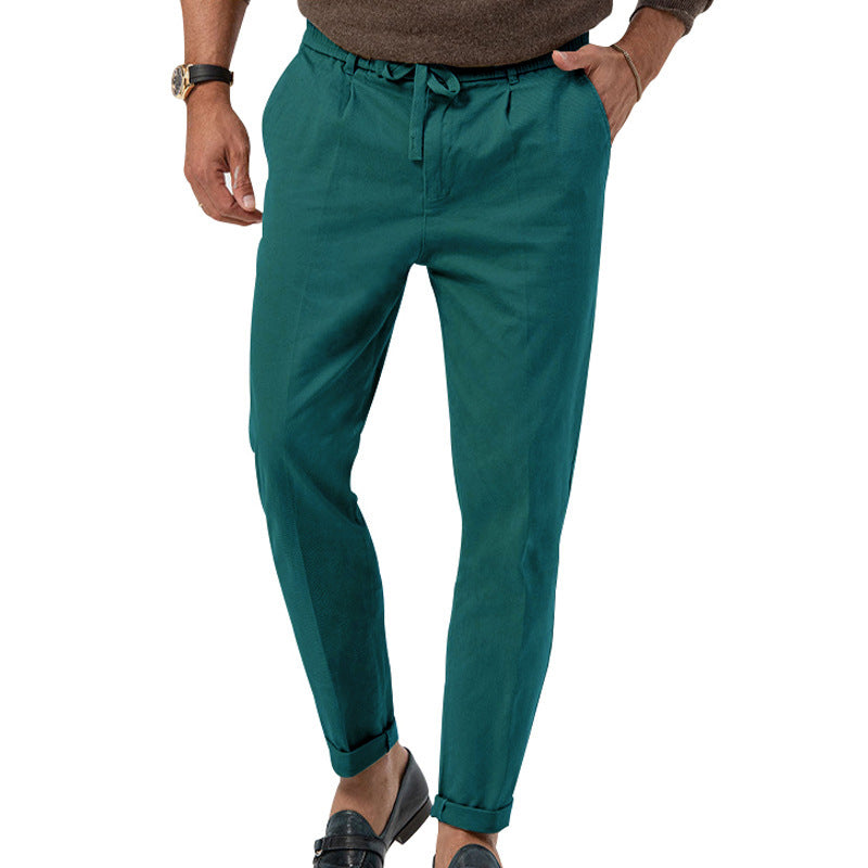 Pantalon décontracté à cordon de serrage pour homme, pantalon de costume droit de couleur unie
