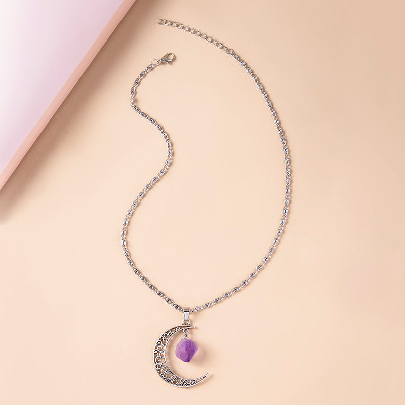 Vintage Purple Natural Stone Moon Pendant Necklaces for Women