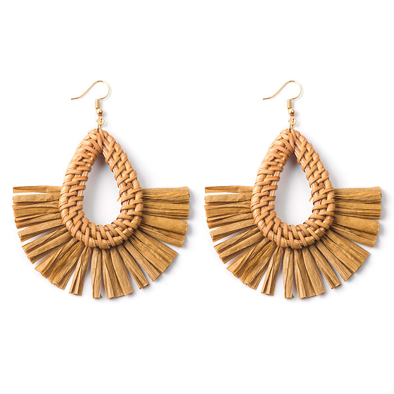 Boucles d'oreilles géométriques en raphia et rotin tissées à la main, style vintage pour femmes - LUXARAH