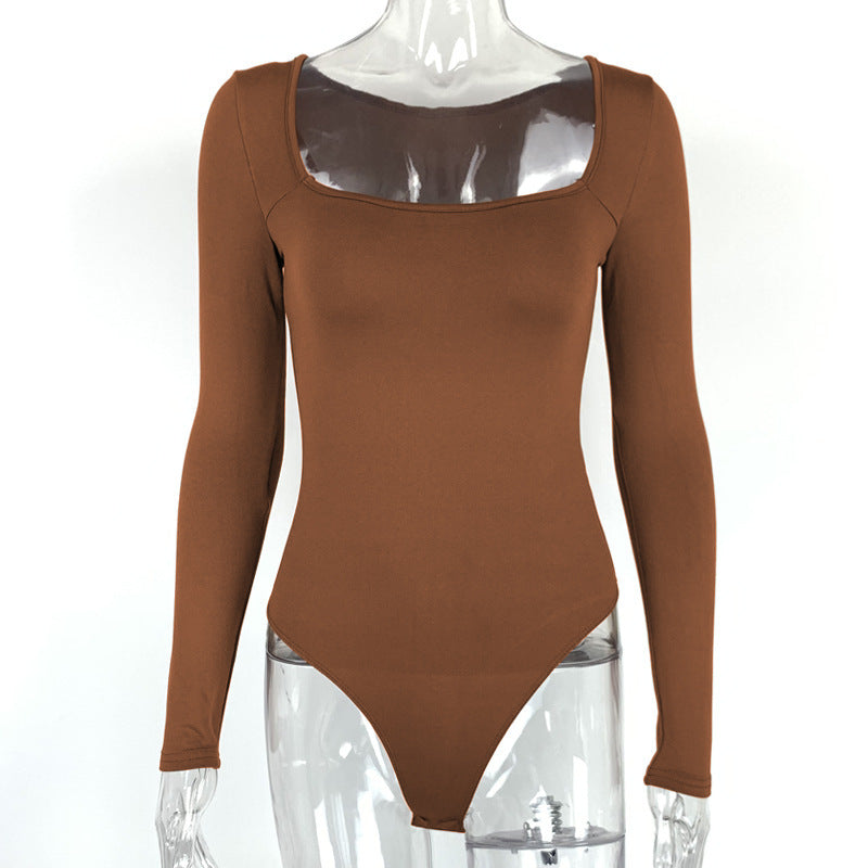Body sexy à col carré et manches longues pour femme, haut doublé