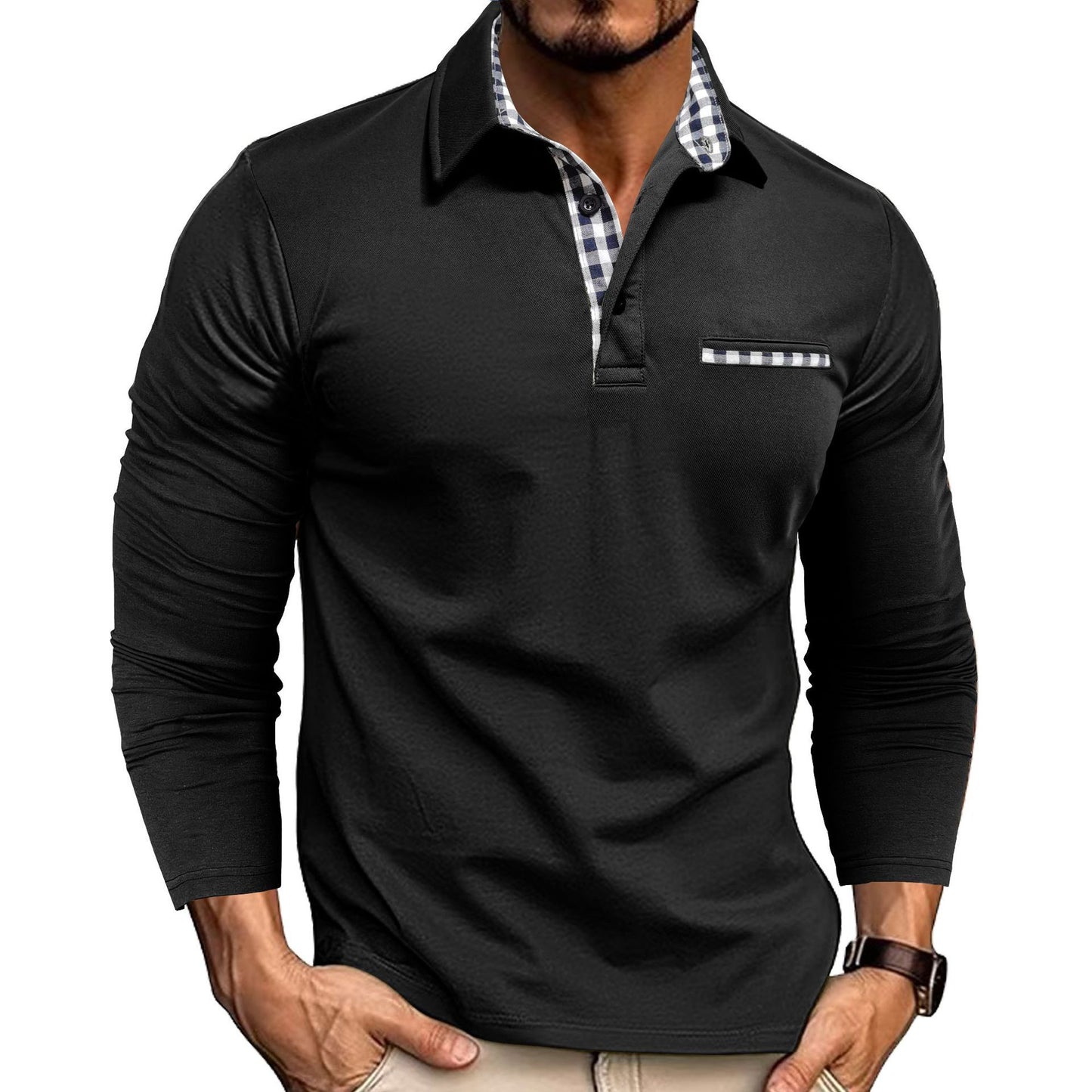 Polo décontracté à carreaux et revers pour homme, haut à manches longues, couleur unie, tendance