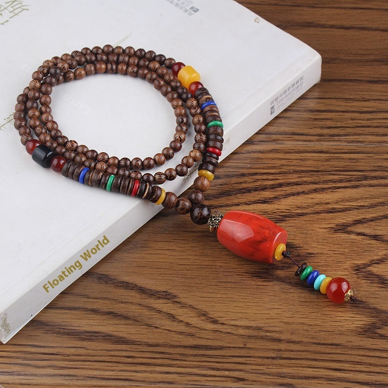 Colliers pour hommes et femmes, chaîne de pull rétro en perles de bois, pendentif Bodhi long - LUXARAH