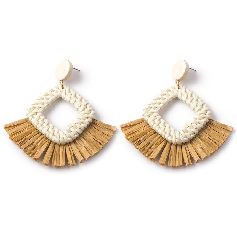 Boucles d'oreilles géométriques en raphia et rotin tissées à la main, style vintage pour femmes - LUXARAH