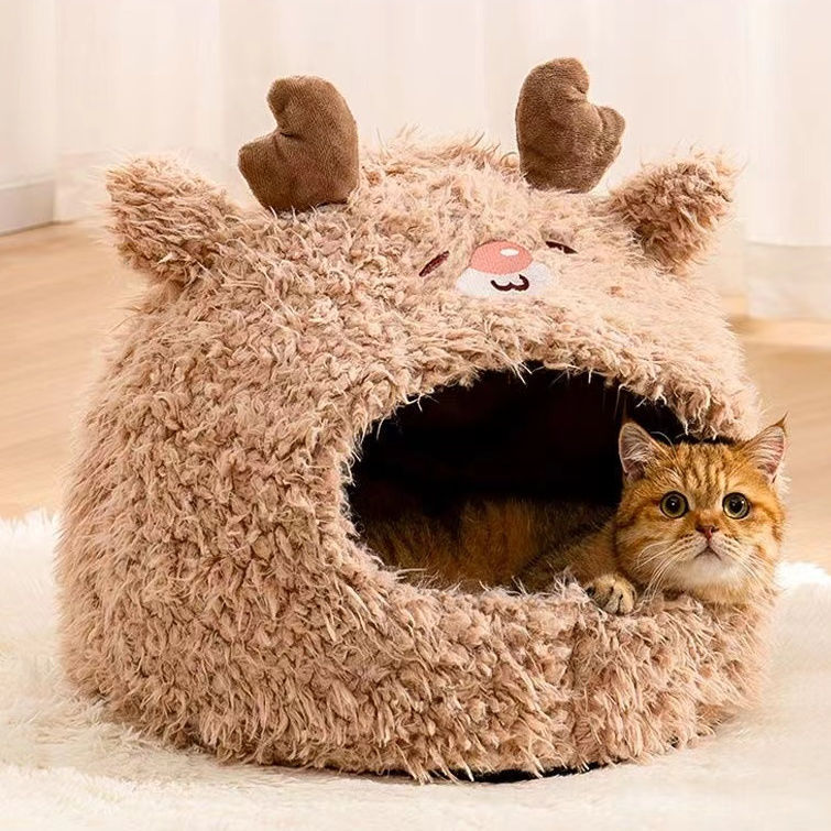 Nid semi-fermé pour chat et chien, nid de couchage chaud pour l'hiver, yourte en peluche, modèles d'animaux mignons en velours pour animaux de compagnie - LUXARAH