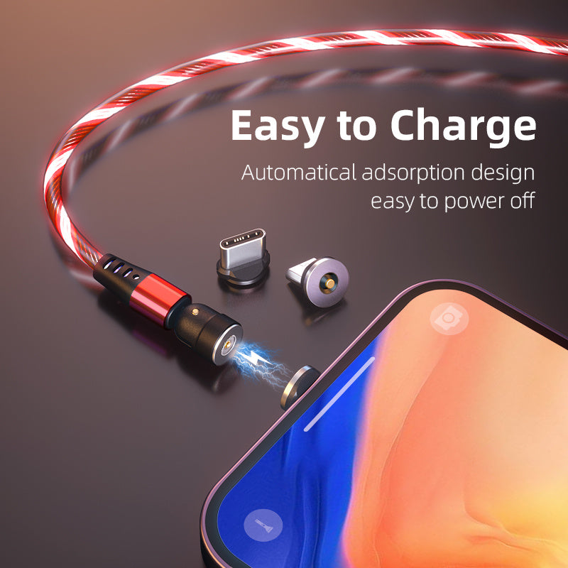 Câble magnétique lumineux rotatif 540° 3A pour recharge rapide de téléphone portable, compatible avec LED, micro USB type C, pour iPhone