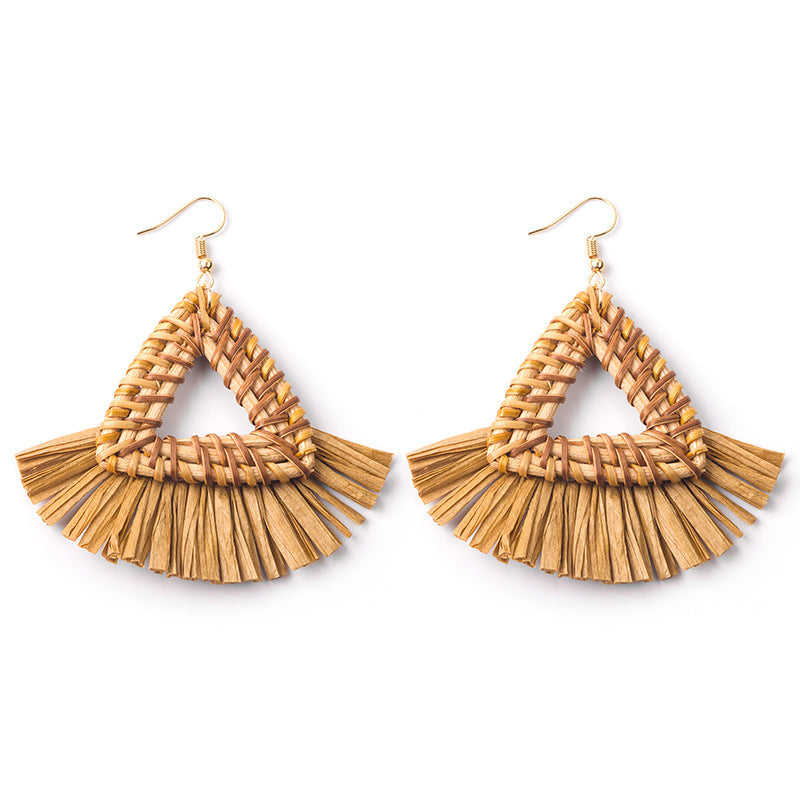 Boucles d'oreilles géométriques en raphia et rotin tissées à la main, style vintage pour femmes - LUXARAH