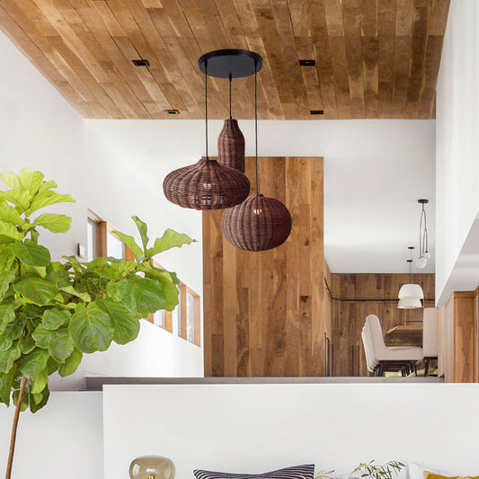 Lustre double tissé en rotin pour la maison - LUXARAH