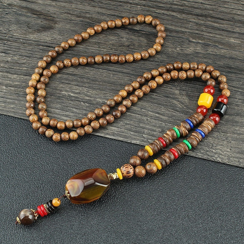 Colliers pour hommes et femmes, chaîne de pull rétro en perles de bois, pendentif Bodhi long - LUXARAH