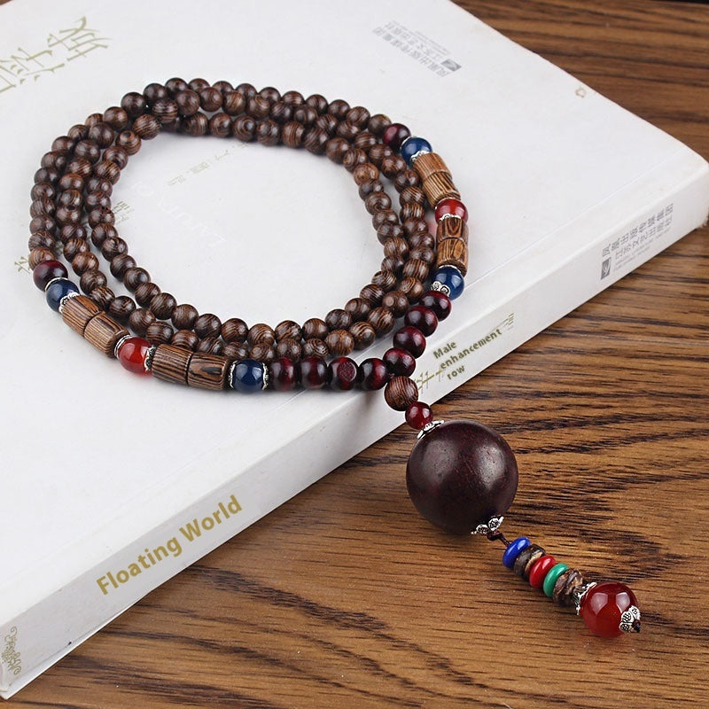 Colliers pour hommes et femmes, chaîne de pull rétro en perles de bois, pendentif Bodhi long - LUXARAH