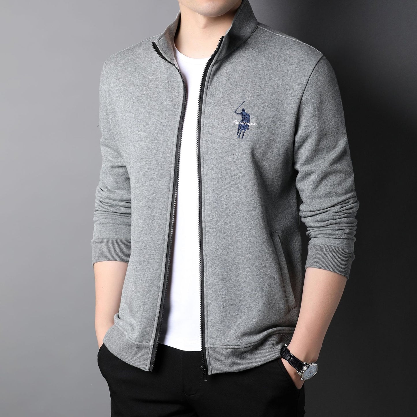 Veste zippée décontractée brodée en coton pour homme