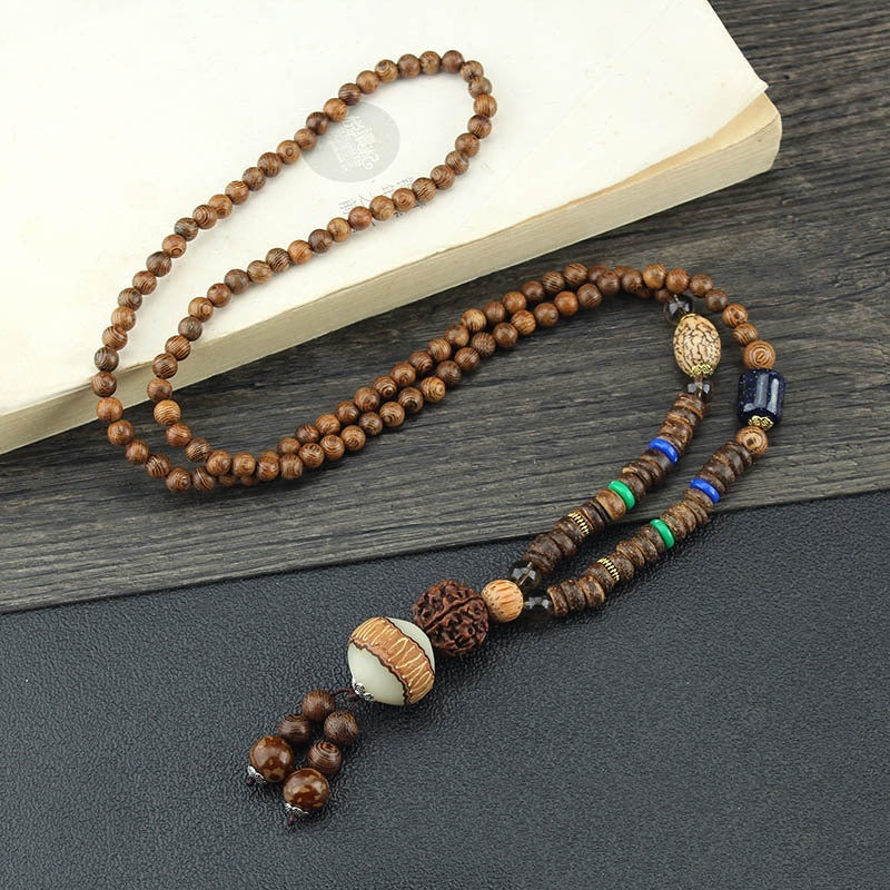 Colliers pour hommes et femmes, chaîne de pull rétro en perles de bois, pendentif Bodhi long - LUXARAH