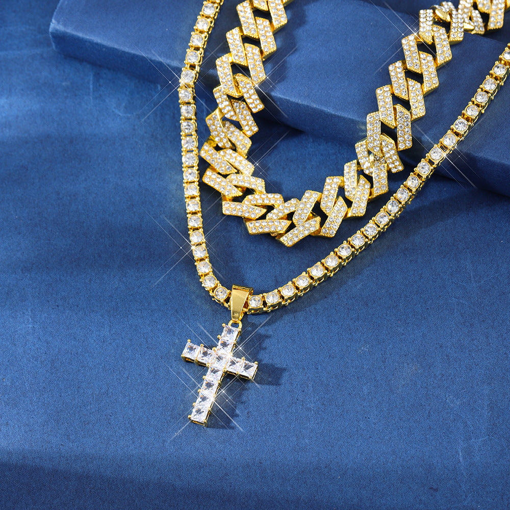Collar con colgante de cruz de circón estilo hip hop con cadena cubana de Miami y pavé de diamantes de imitación estilo rapero para hombres y mujeres