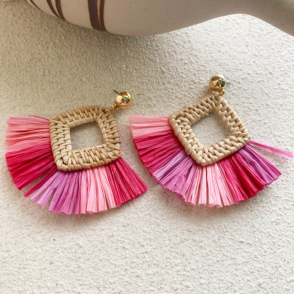 Boucles d'oreilles en raphia et rotin pour femme, nouvelles boucles d'oreilles rondes géométriques colorées en paille - LUXARAH