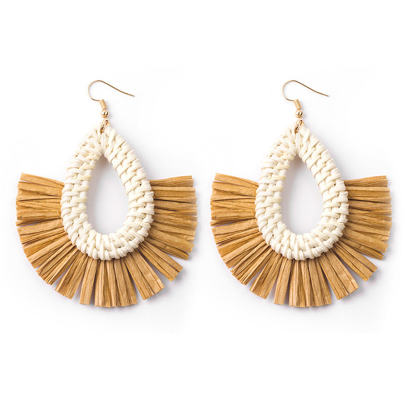 Boucles d'oreilles géométriques en raphia et rotin tissées à la main, style vintage pour femmes - LUXARAH