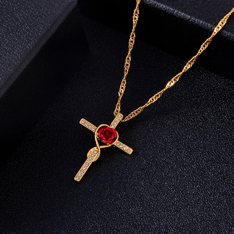 Collar con colgante de cruz de cristal dorado de moda para mujer, joyería religiosa