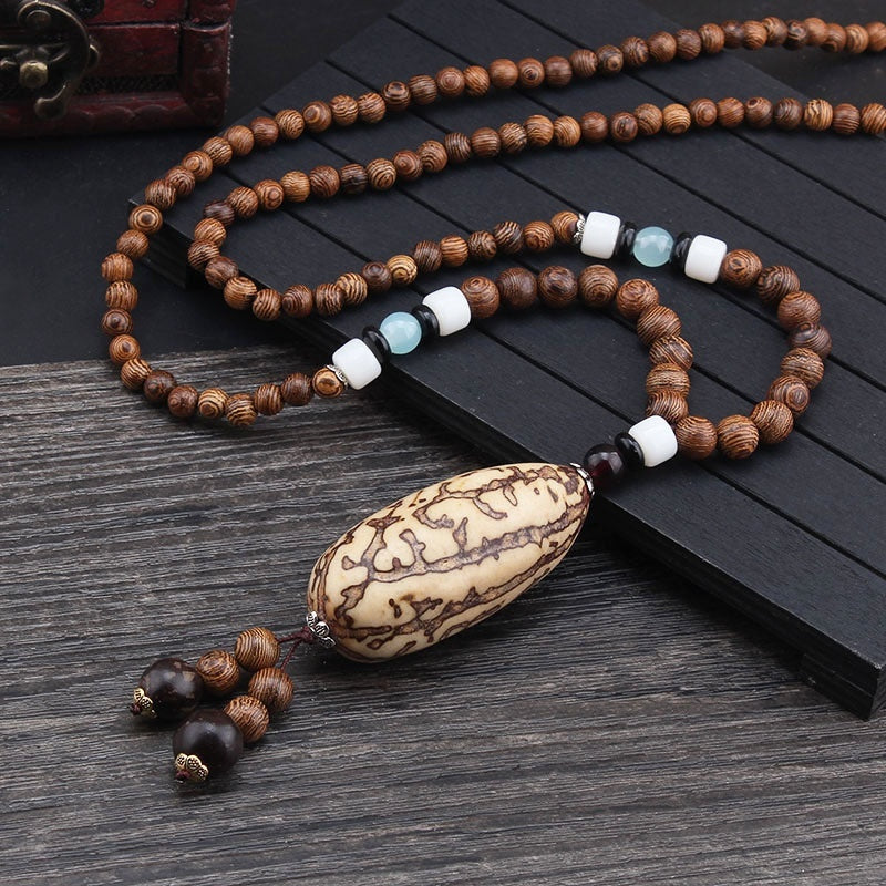 Colliers pour hommes et femmes, chaîne de pull rétro en perles de bois, pendentif Bodhi long - LUXARAH