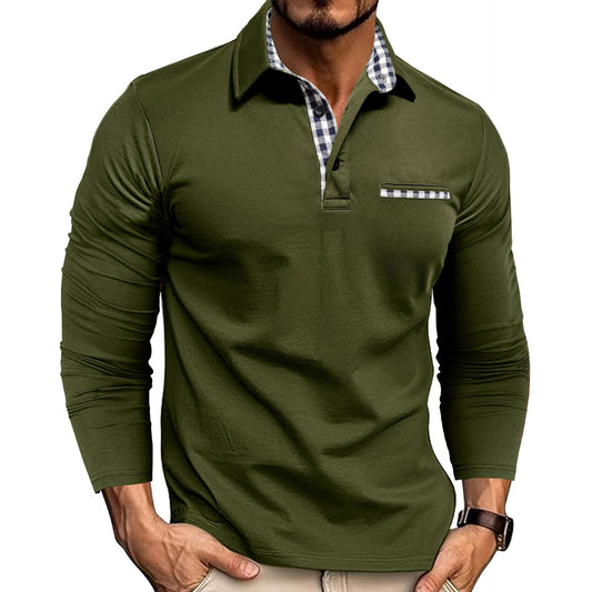 Polo décontracté à carreaux et revers pour homme, haut à manches longues, couleur unie, tendance