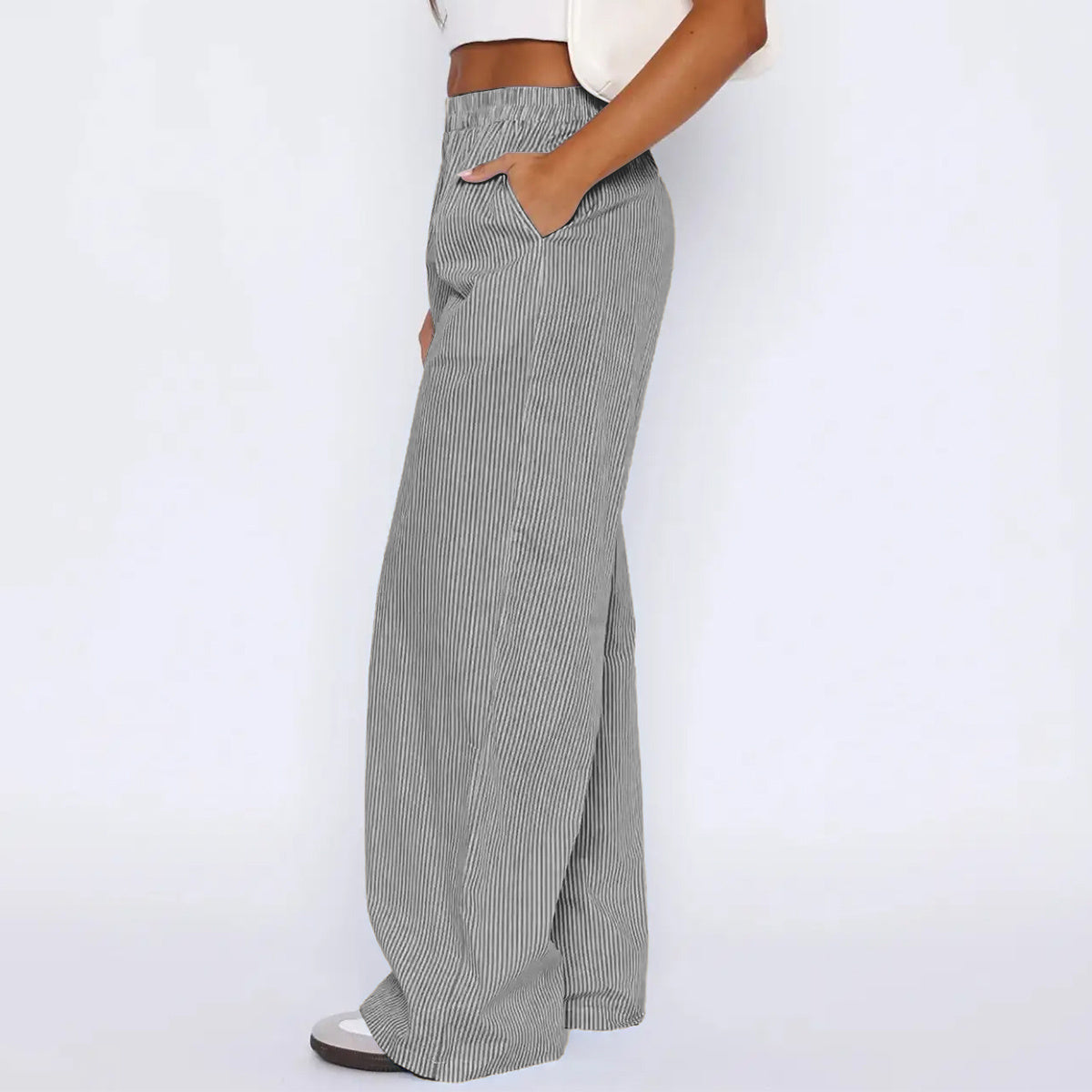 Pantalon rayé avec poches, style décontracté, coupe large et droite, pour femme