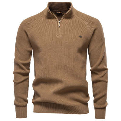 Pull tricoté à col montant et fermeture éclair pour homme, coupe slim, couleur unie, manches longues, demi-col roulé