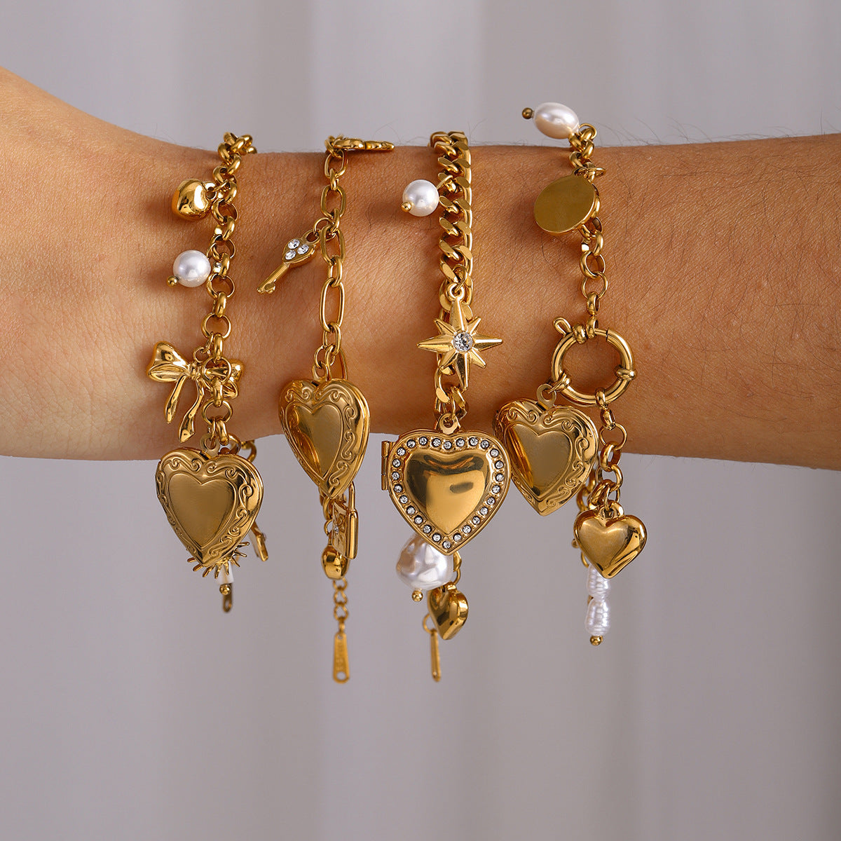 Bracelet chaîne d'amour tendance en acier titane avec perles et nœud