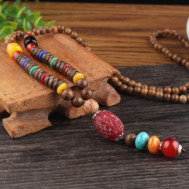 Colliers pour hommes et femmes, chaîne de pull rétro en perles de bois, pendentif Bodhi long - LUXARAH