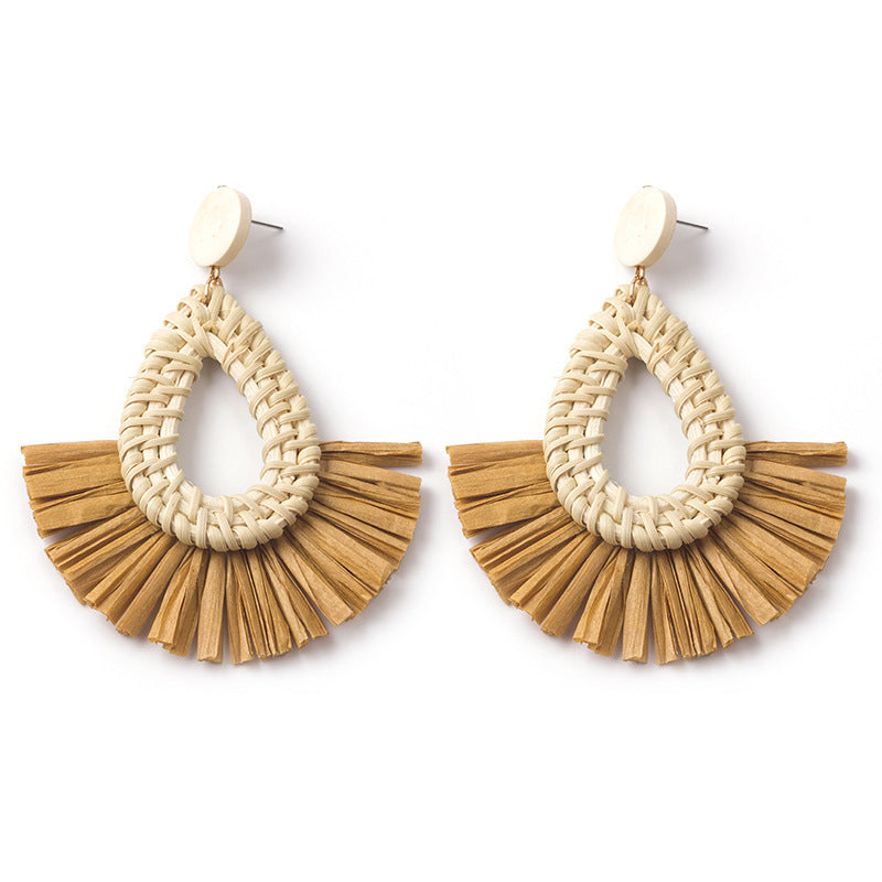 Boucles d'oreilles géométriques en raphia et rotin tissées à la main, style vintage pour femmes - LUXARAH